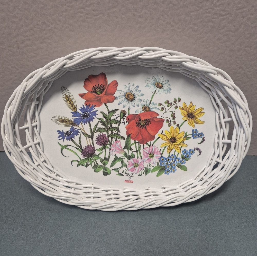 Vintage White Wicker Floral Oval Tray - Germany